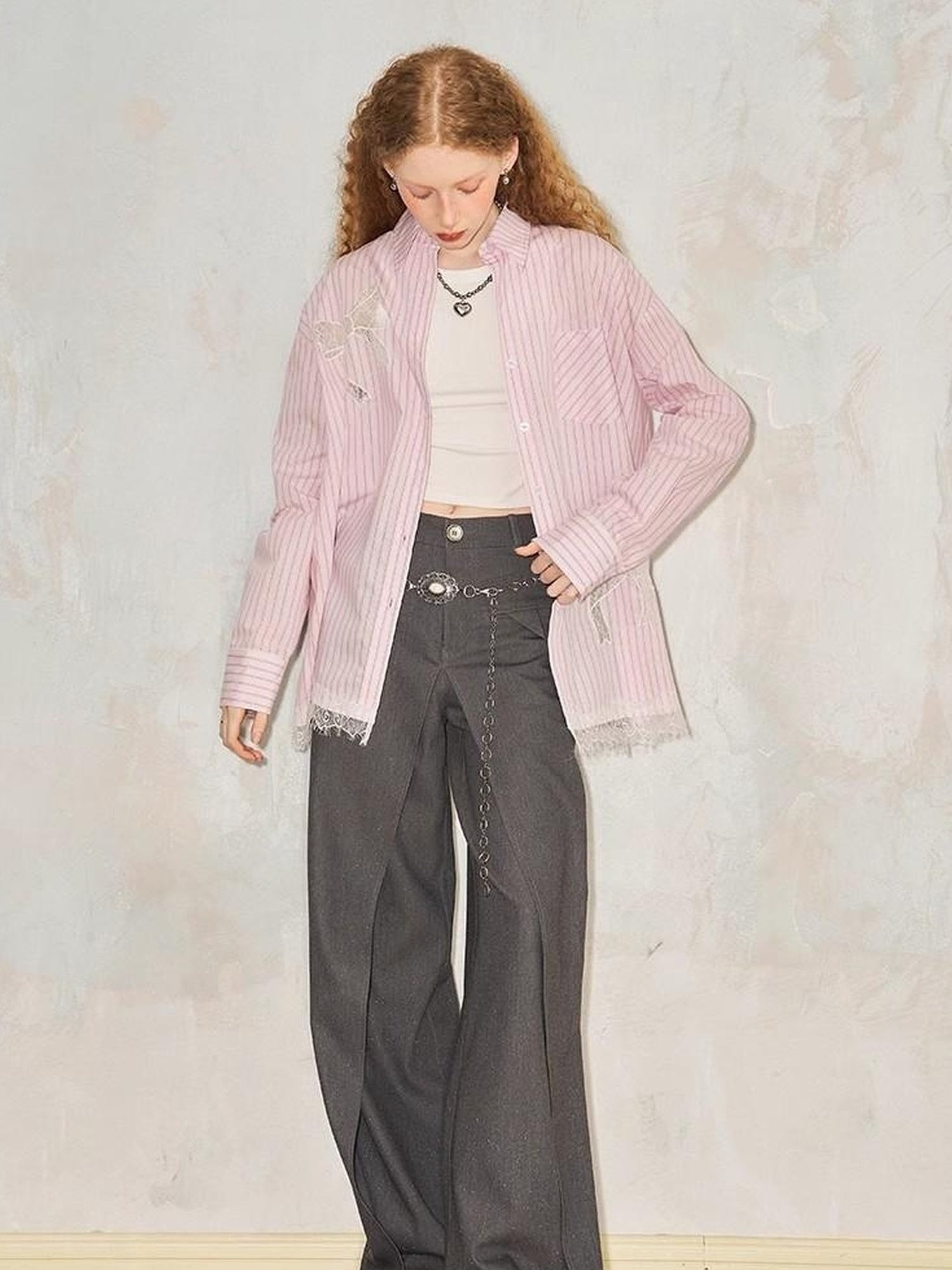 DIDDI MODA Sparkling Disco Embroidered Sweatshirt Asymmetrical Bow Shirt Set