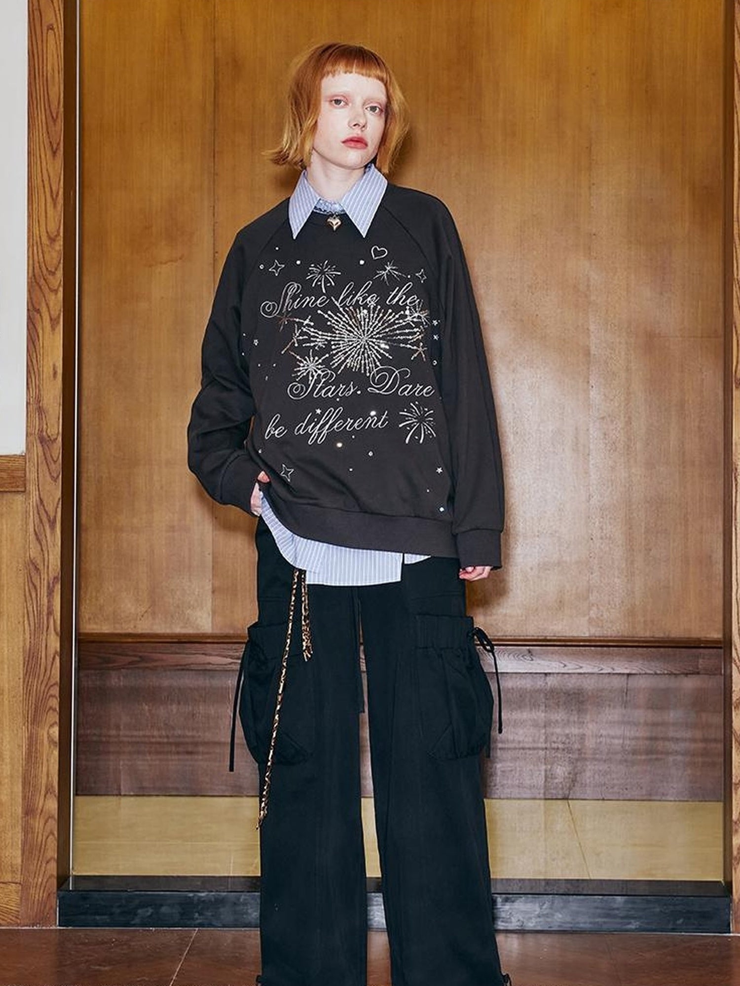DIDDI MODA Sparkling Disco Embroidered Sweatshirt Asymmetrical Bow Shirt Set