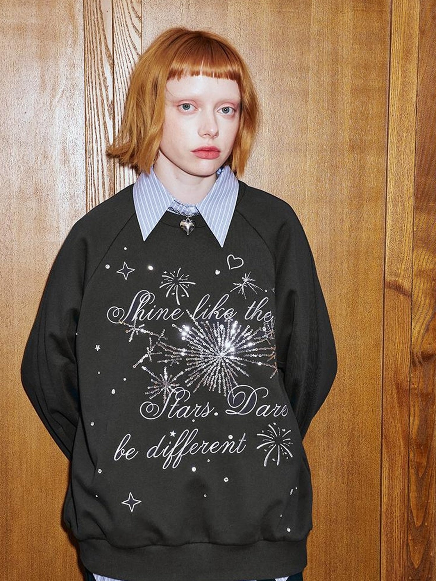 DIDDI MODA Sparkling Disco Embroidered Sweatshirt Asymmetrical Bow Shirt Set
