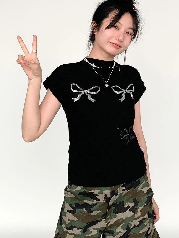 Sparkly Embroidered Bow Print Fitted Summer Tee