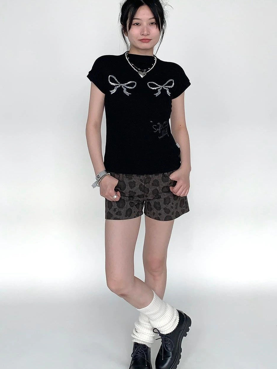Sparkly Embroidered Bow Print Fitted Summer Tee