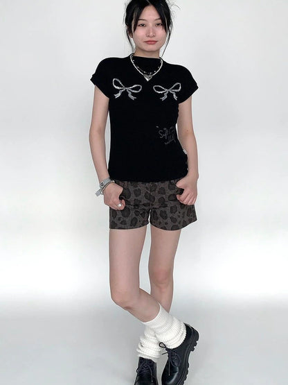 Sparkly Embroidered Bow Print Fitted Summer Tee