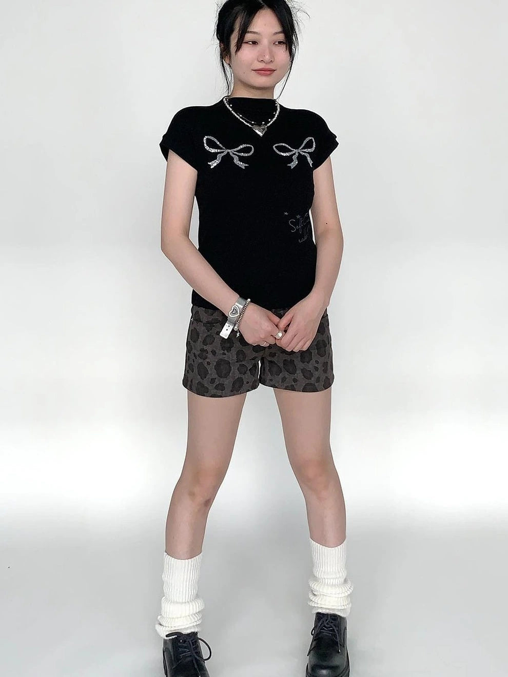 Sparkly Embroidered Bow Print Fitted Summer Tee