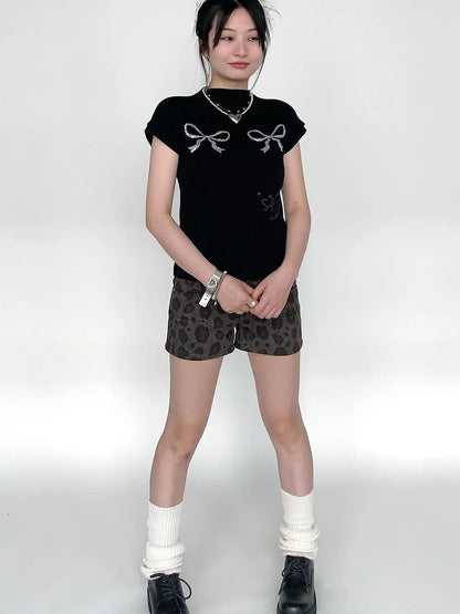 Sparkly Embroidered Bow Print Fitted Summer Tee