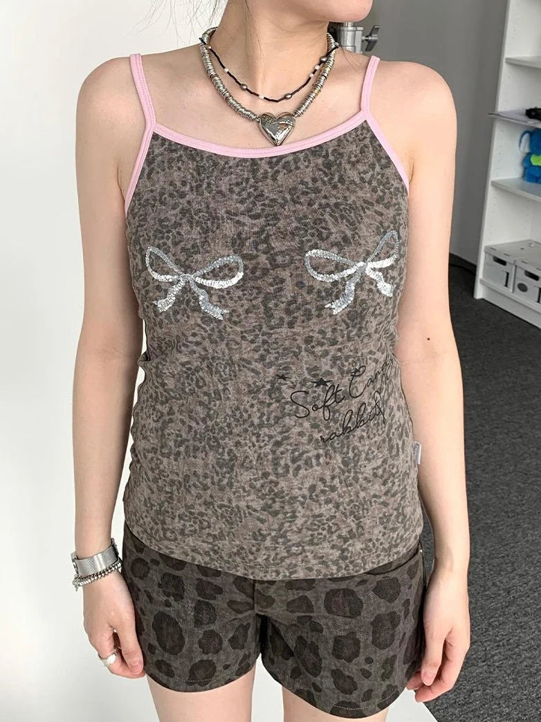 Sparkly Leopard Bow Tie-Dye Summer Camisole Top
