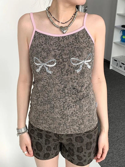Sparkly Leopard Bow Tie-Dye Summer Camisole Top