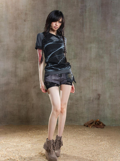 ARIADNAw Spiderweb Print Punk T Shirt Fearless Streetwear