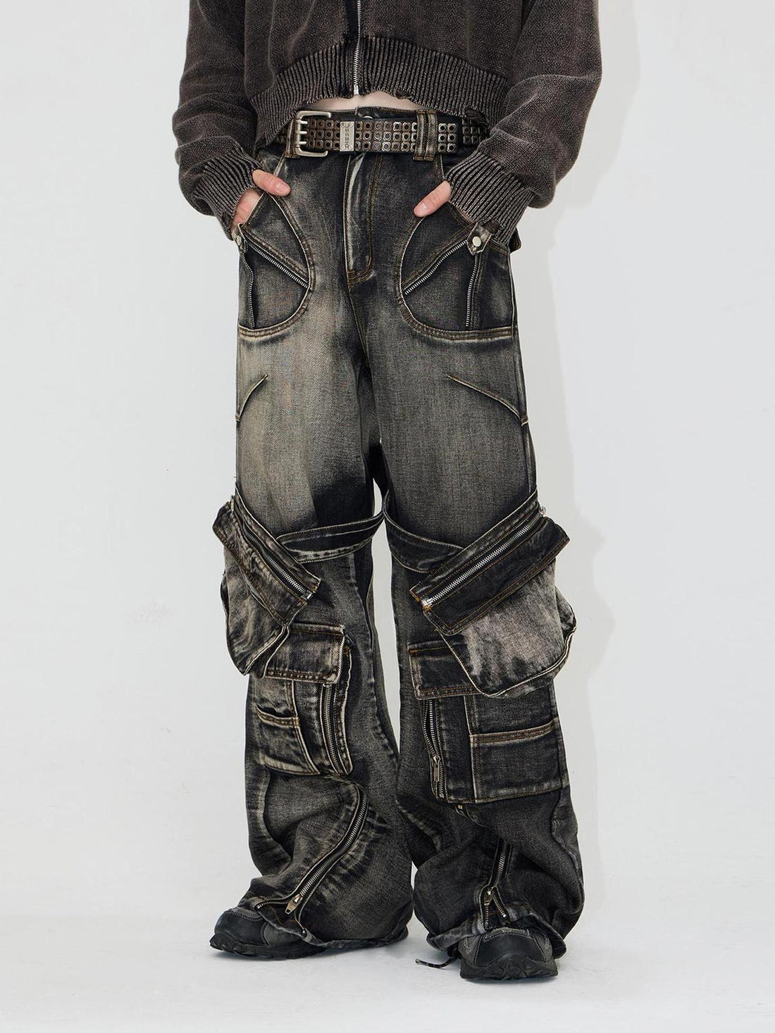 Peoplesense Spiked Straight Leg Black Grey Zip Detachable Pocket Jeans