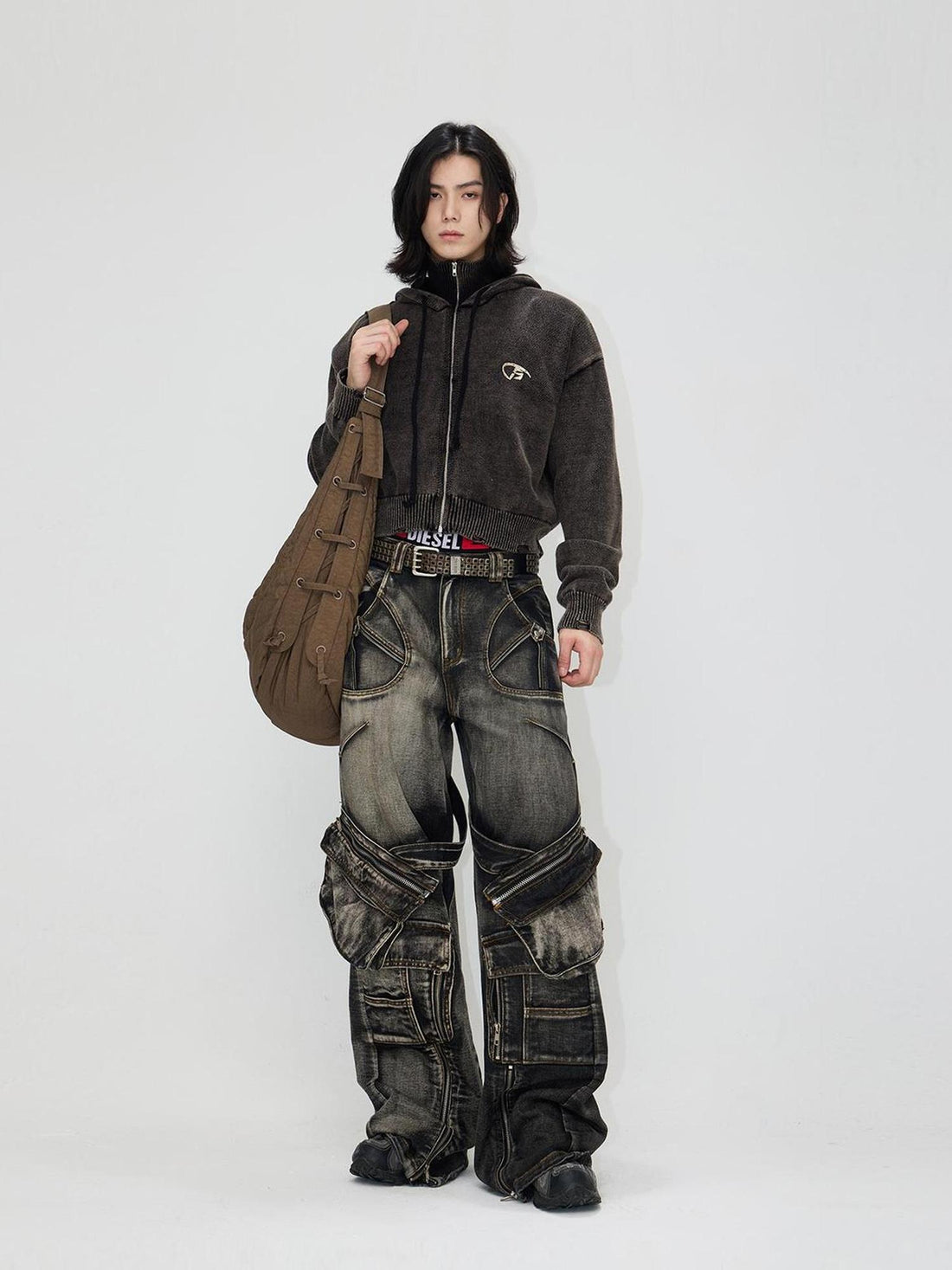 Peoplesense Spiked Straight Leg Black Grey Zip Detachable Pocket Jeans