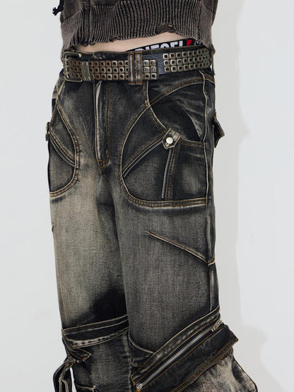 Peoplesense Spiked Straight Leg Black Grey Zip Detachable Pocket Jeans