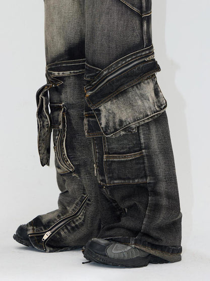 Peoplesense Spiked Straight Leg Black Grey Zip Detachable Pocket Jeans