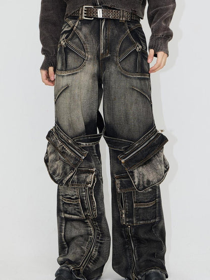Peoplesense Spiked Straight Leg Black Grey Zip Detachable Pocket Jeans