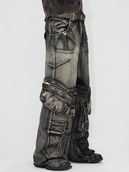 Peoplesense Spiked Straight Leg Black Grey Zip Detachable Pocket Jeans
