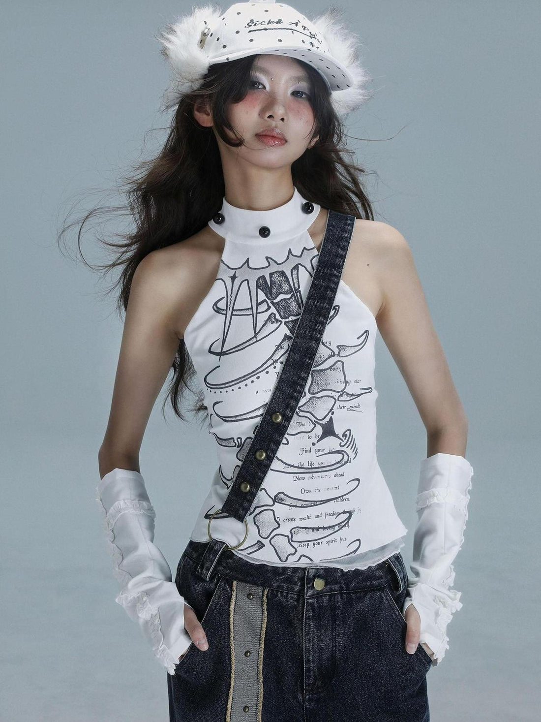 WSW WUSHENWU Spine Print Halter Neck Crop Top