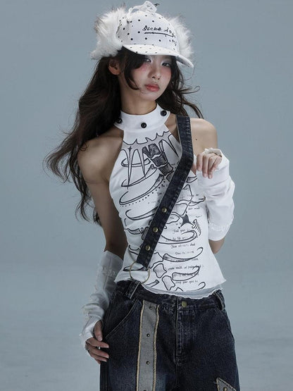 WSW WUSHENWU Spine Print Halter Neck Crop Top