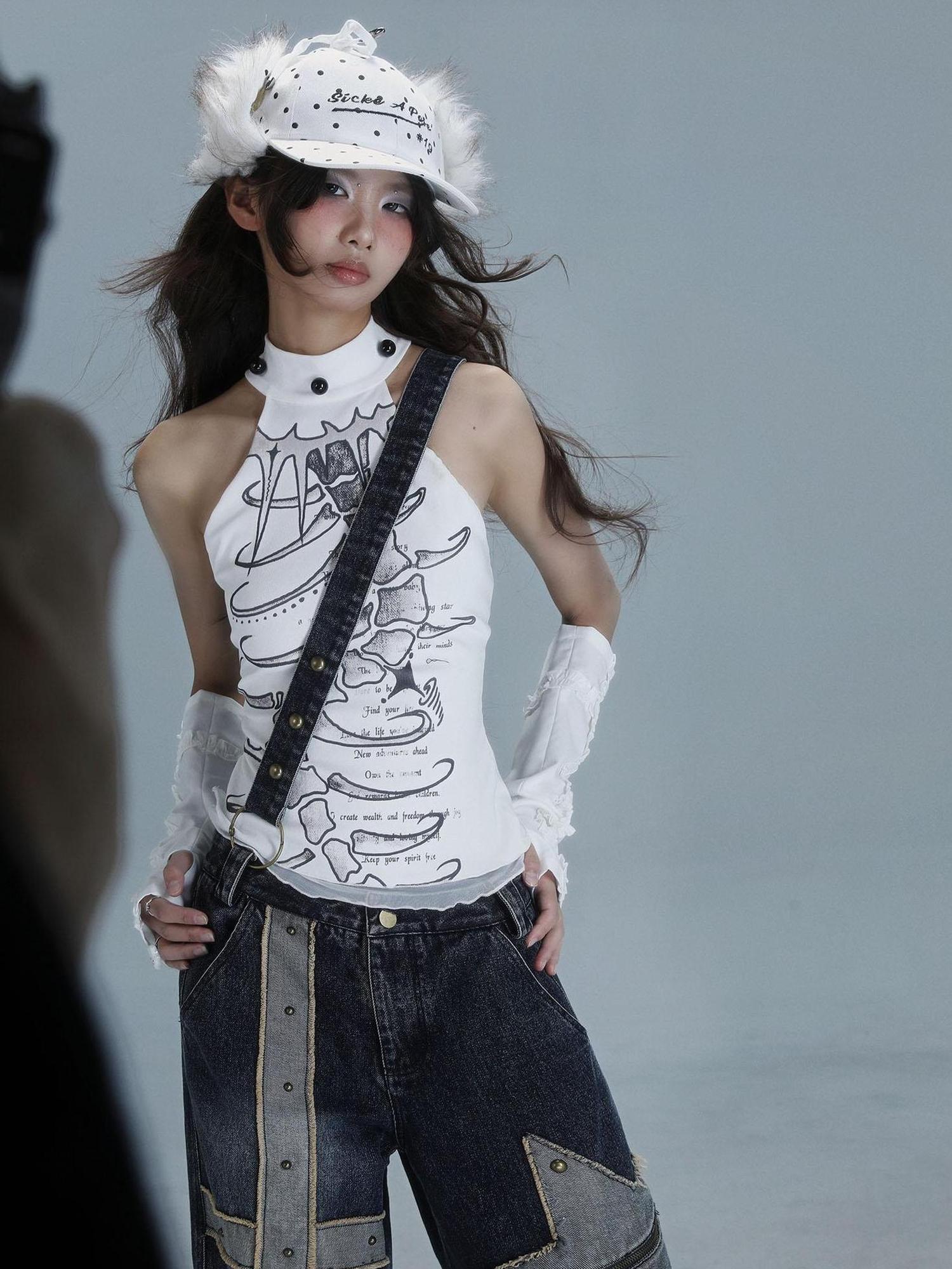 WSW WUSHENWU Spine Print Halter Neck Crop Top