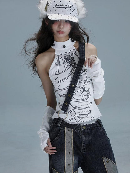 WSW WUSHENWU Spine Print Halter Neck Crop Top