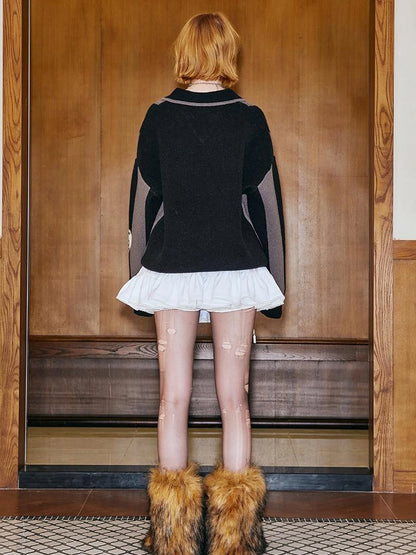 Sporty Bow Knot Jacquard Polo Sweater