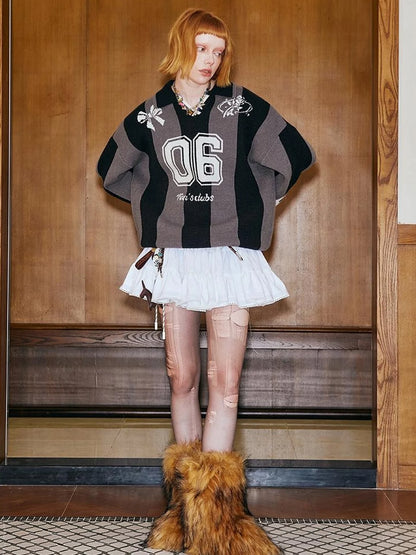 Sporty Bow Knot Jacquard Polo Sweater