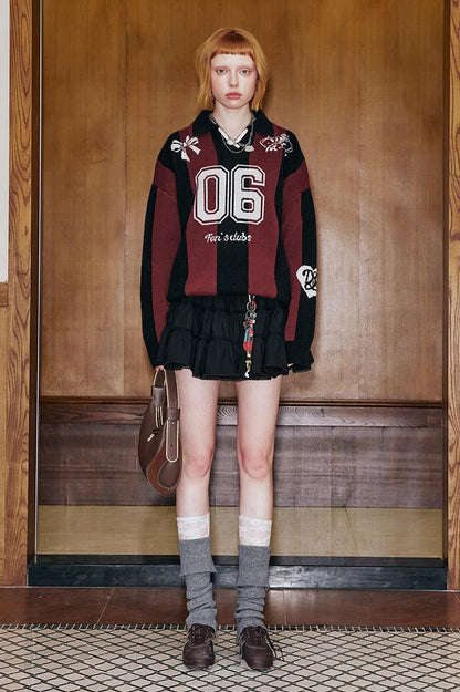 DIDDI MODA Sporty Bow Knot Jacquard Polo Sweater