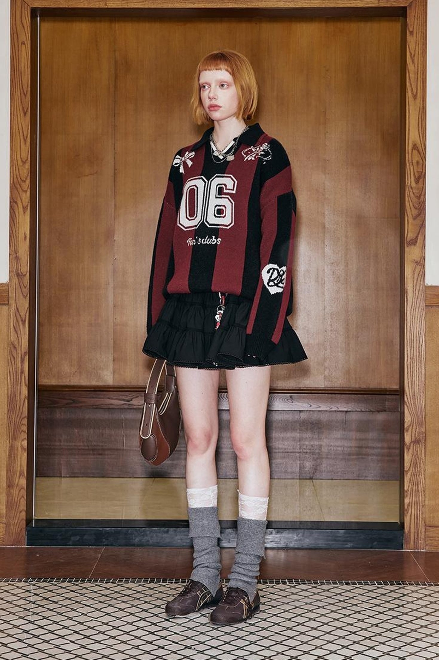 DIDDI MODA Sporty Bow Knot Jacquard Polo Sweater