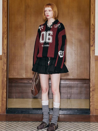 Sporty Bow Knot Jacquard Polo Sweater