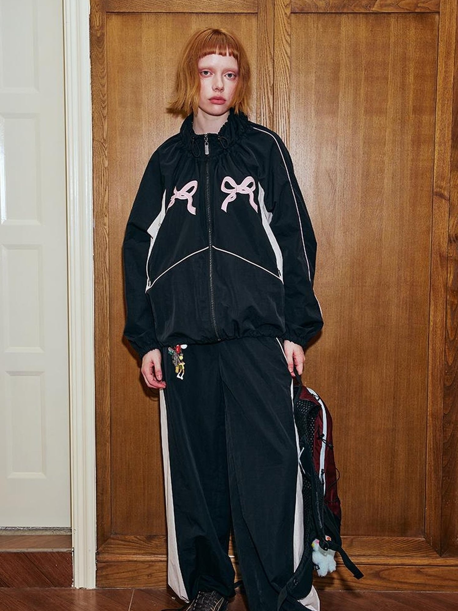 DIDDI MODA Sporty Bow Patch Colorblock Set Graphic Lace Trim Hoodie
