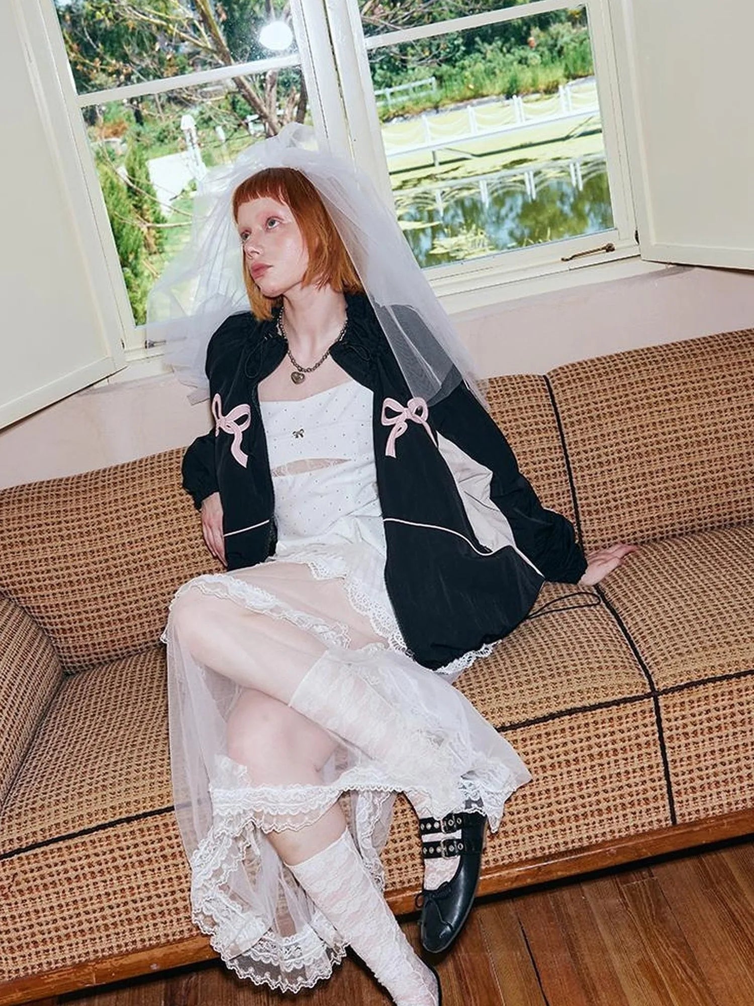 Sporty Bow Patch Colorblock Set Graphic Lace Trim Hoodie