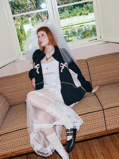 Sporty Bow Patch Colorblock Set Graphic Lace Trim Hoodie