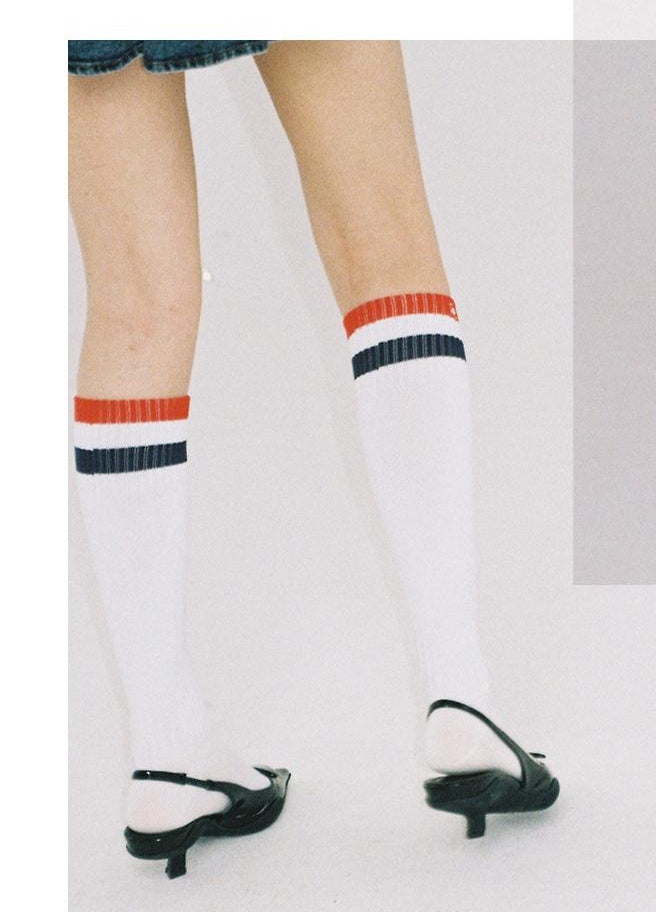 Sporty Embroidered Striped Calf Socks