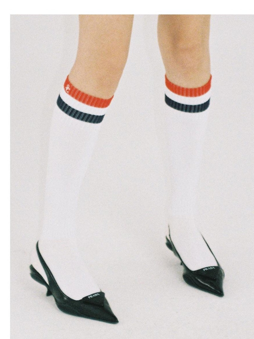 Sporty Embroidered Striped Calf Socks