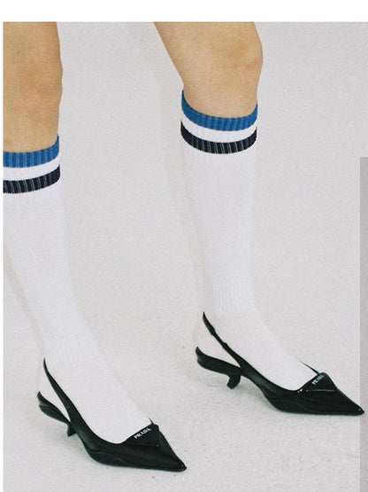 Sporty Embroidered Striped Calf Socks