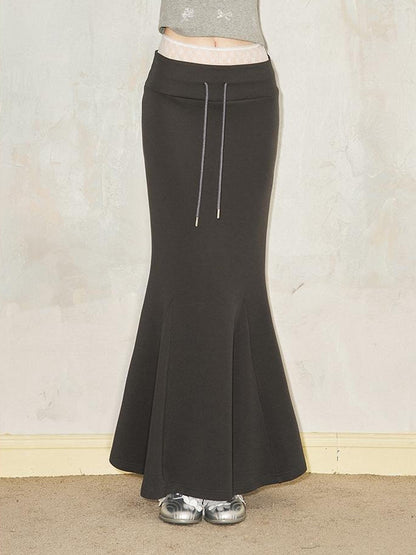 DIDDI MODA Sporty Lace Waist Flared Knit Skirt With Drawstring