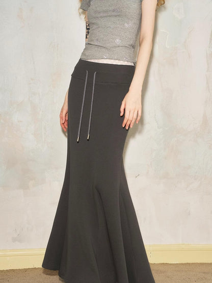 DIDDI MODA Sporty Lace Waist Flared Knit Skirt With Drawstring