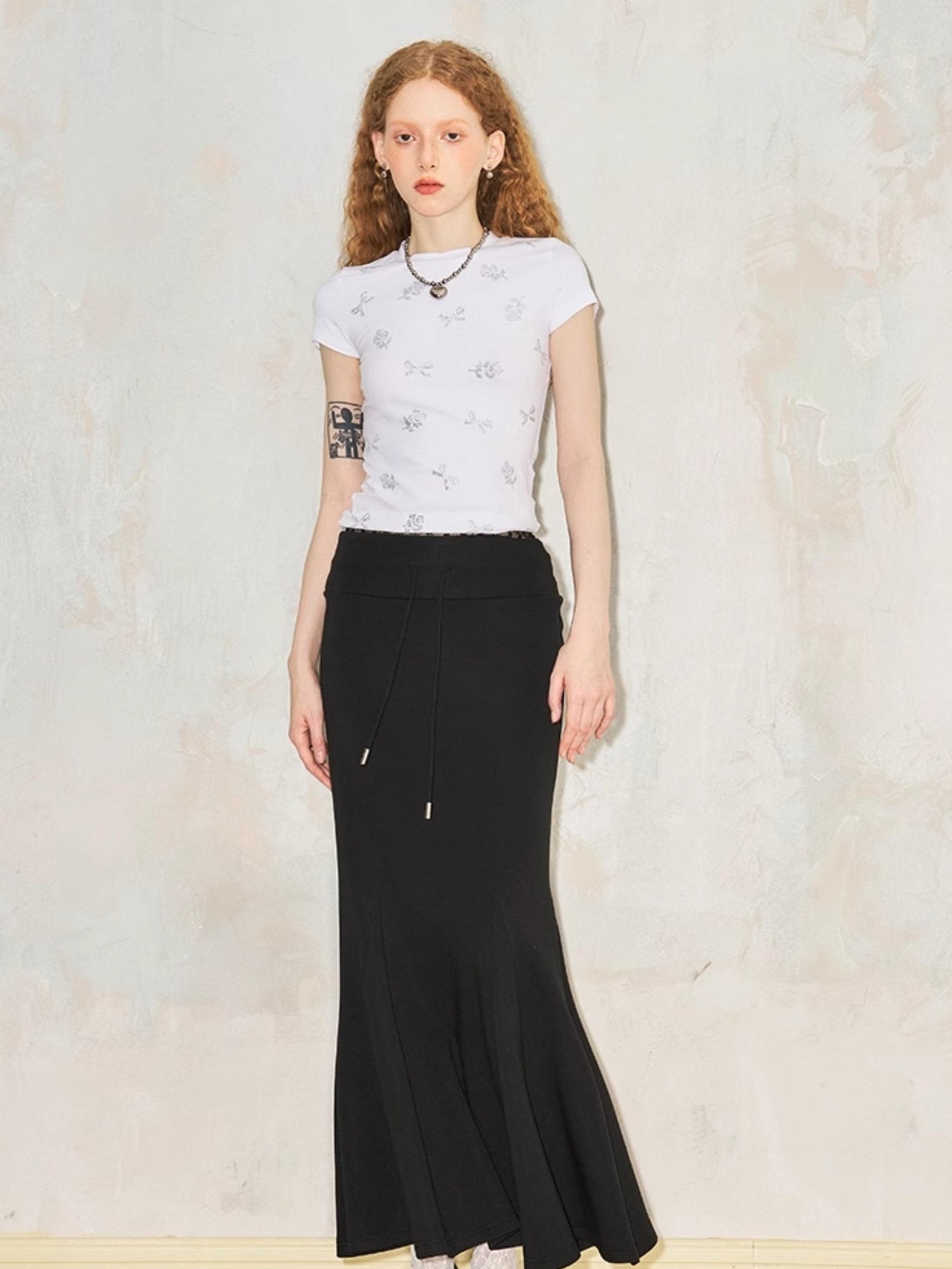 DIDDI MODA Sporty Lace Waist Flared Knit Skirt With Drawstring