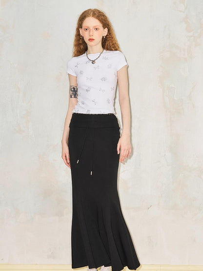 DIDDI MODA Sporty Lace Waist Flared Knit Skirt With Drawstring