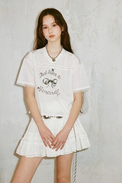 DIDDI MODA Sporty V Neck Cherry Bow Print Mesh Tee