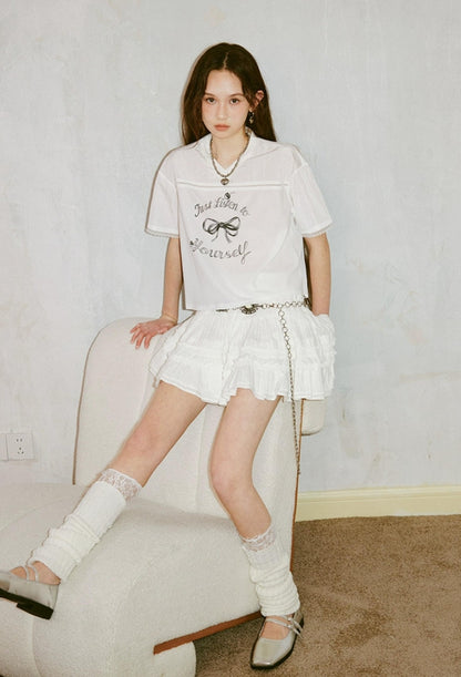 DIDDI MODA Sporty V Neck Cherry Bow Print Mesh Tee