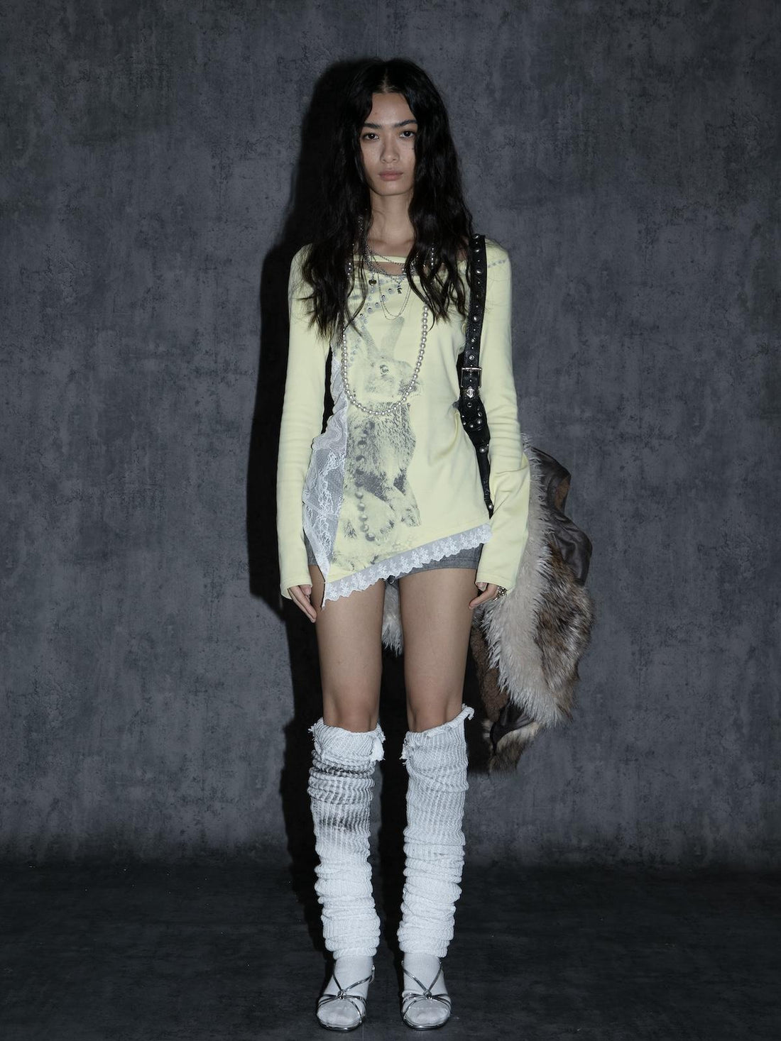 Spring Bunny Print Lace Pearl Embellished Long Sleeve T-shirt