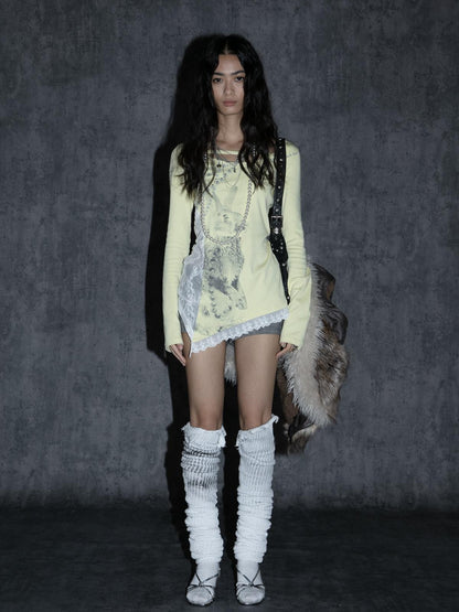 Spring Bunny Print Lace Pearl Embellished Long Sleeve T-shirt