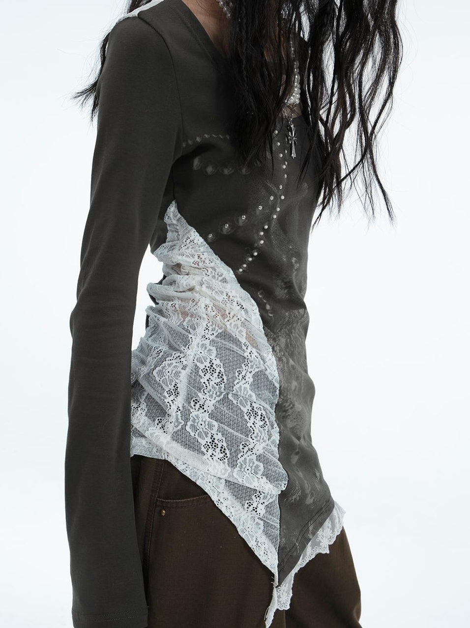Spring Bunny Print Lace Pearl Embellished Long Sleeve T-shirt