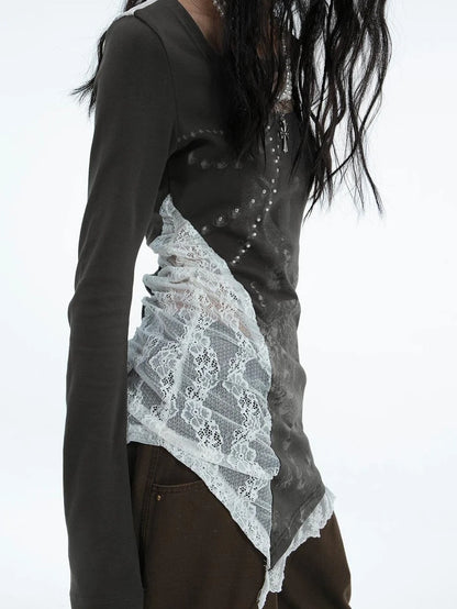 Spring Bunny Print Lace Pearl Embellished Long Sleeve T-Shirt