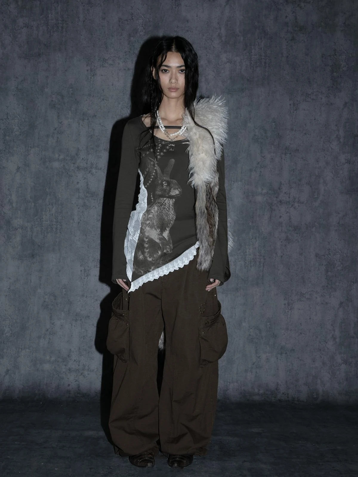 Spring Bunny Print Lace Pearl Embellished Long Sleeve T-Shirt