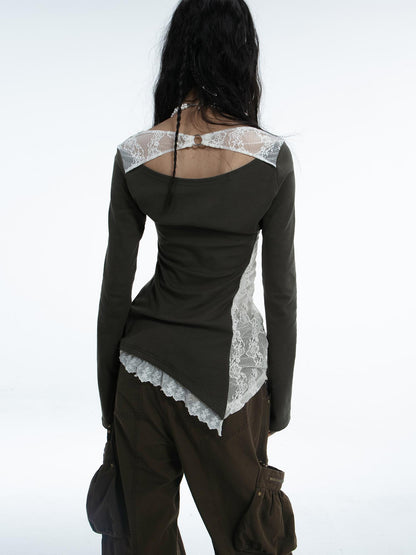 Spring Bunny Print Lace Pearl Embellished Long Sleeve T-shirt