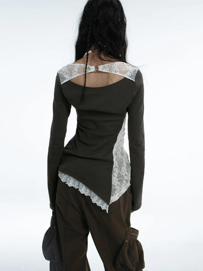 Spring Bunny Print Lace Pearl Embellished Long Sleeve T-Shirt