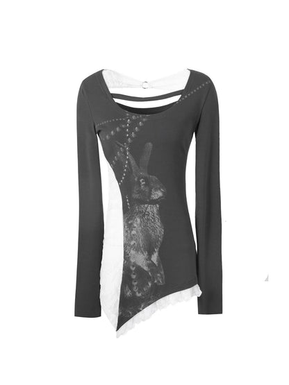 Spring Bunny Print Lace Pearl Embellished Long Sleeve T-shirt