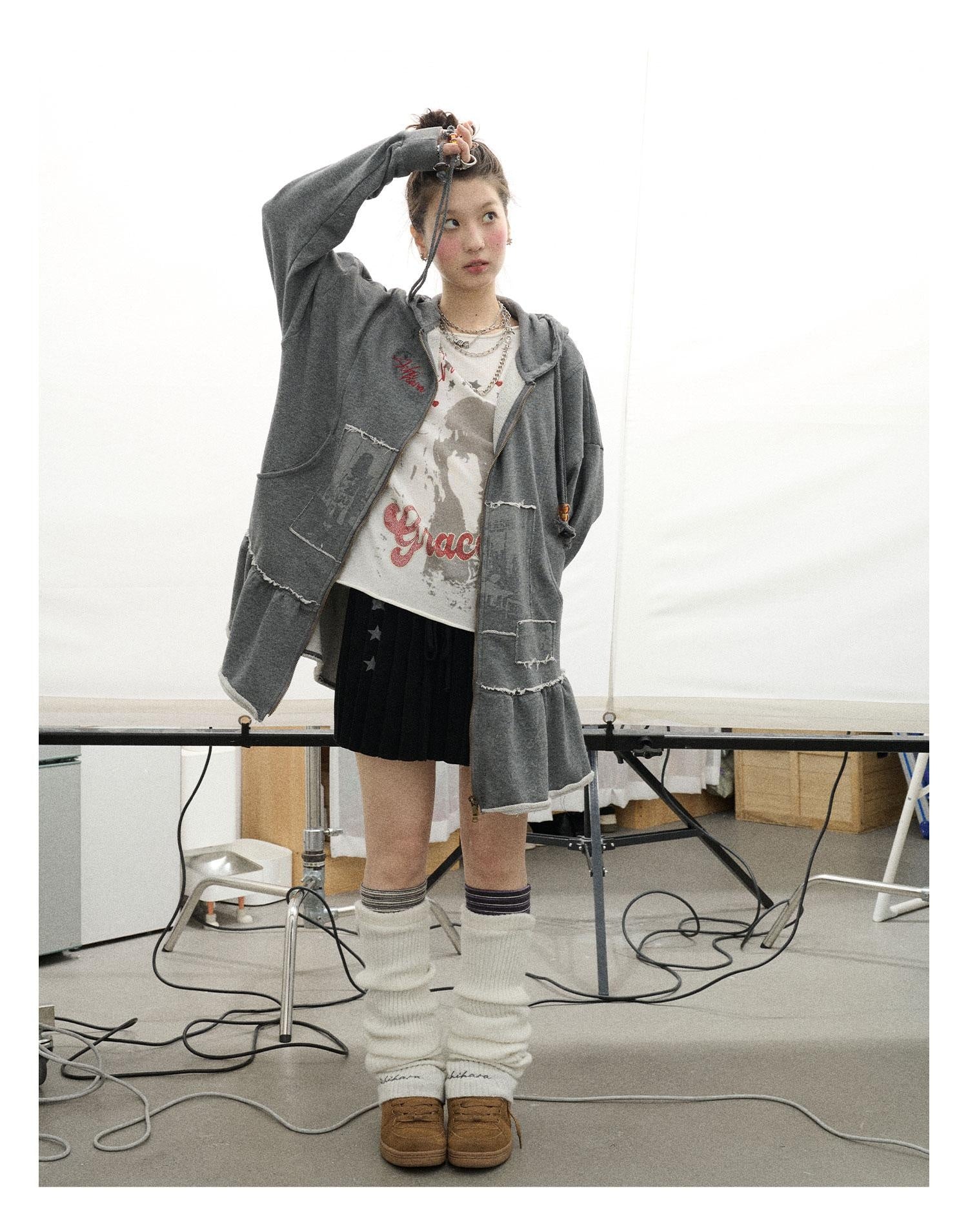Spring Cocoa Tree Print Zip Up Cardigan Sweatshirt in Gray Black