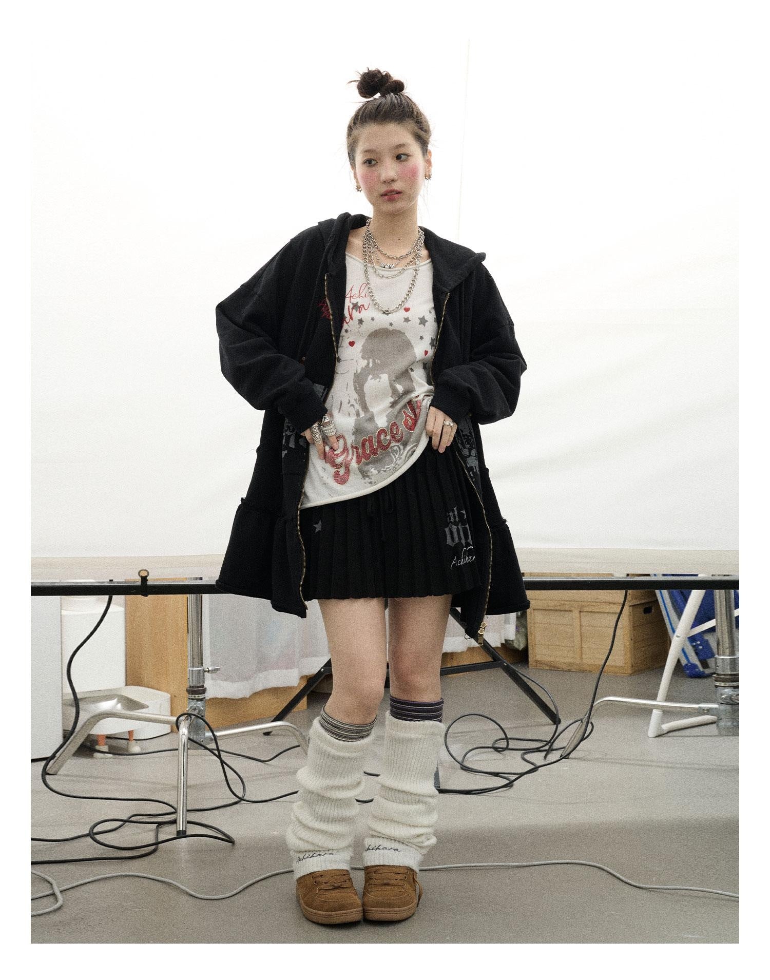 Spring Cocoa Tree Print Zip Up Cardigan Sweatshirt in Gray Black