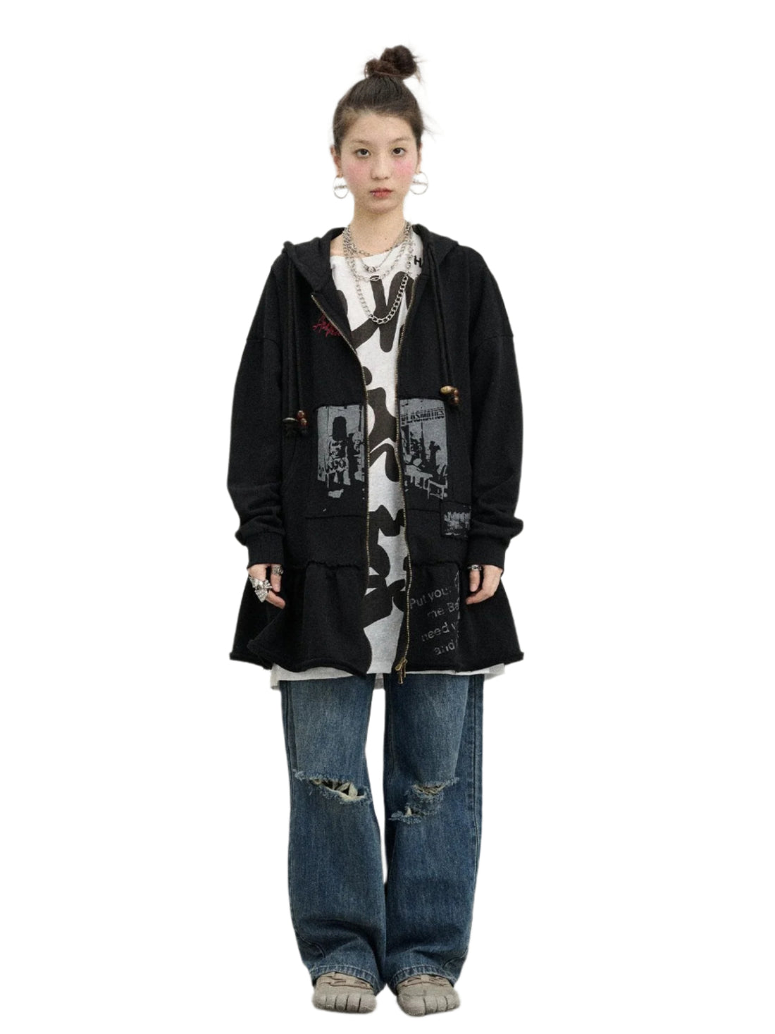 Spring Cocoa Tree Print Zip Up Cardigan Sweatshirt in Gray Black