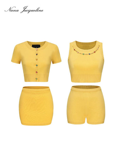 Spring Colorful Chain Knit Vest Short Sleeve Cardigan Women
